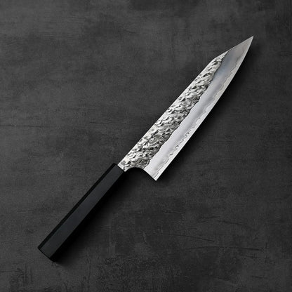 Yoshimi Kato Hyo SG2 kiritsuke gyuto 210mm with a black handle is shown, highlighting its distinct shape and handle color.