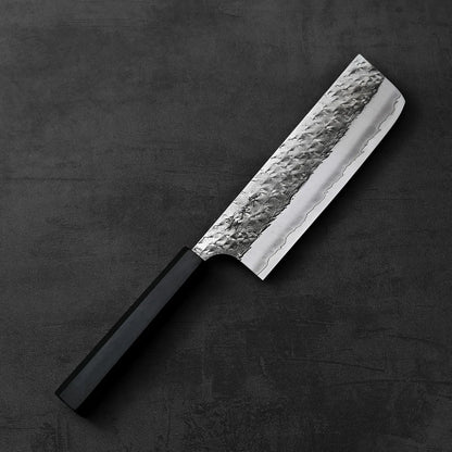 Yoshimi Kato Hyo SG2 nakiri 165mm with a textured blade and black handle.