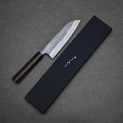 170mm Anryu knife tsuchime aogami#2 santoku demonstrating full blade shape with box