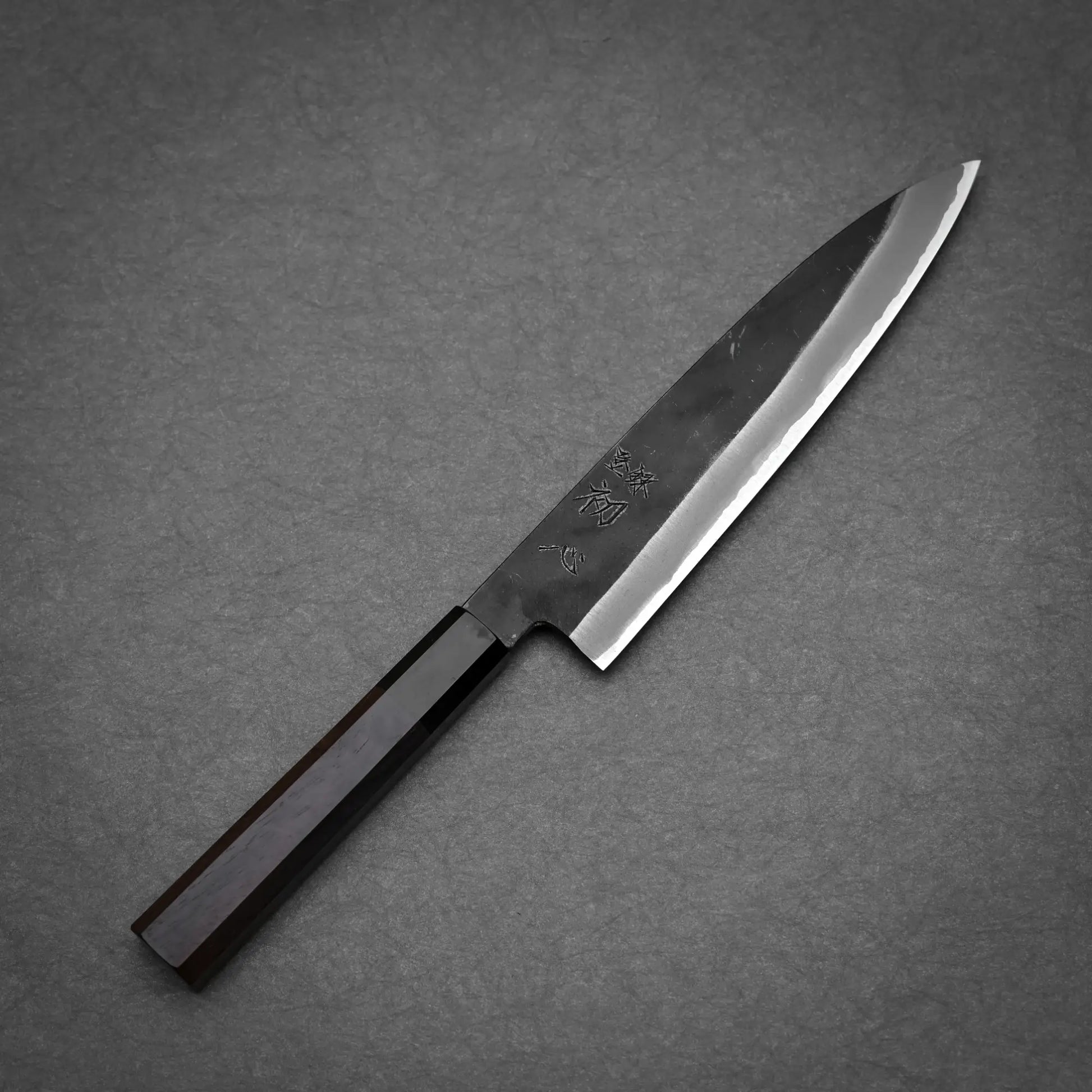 Hatsukokoro Aosagi kurouchi aogami#2 gyuto knife 210mm showing full profile with handle
