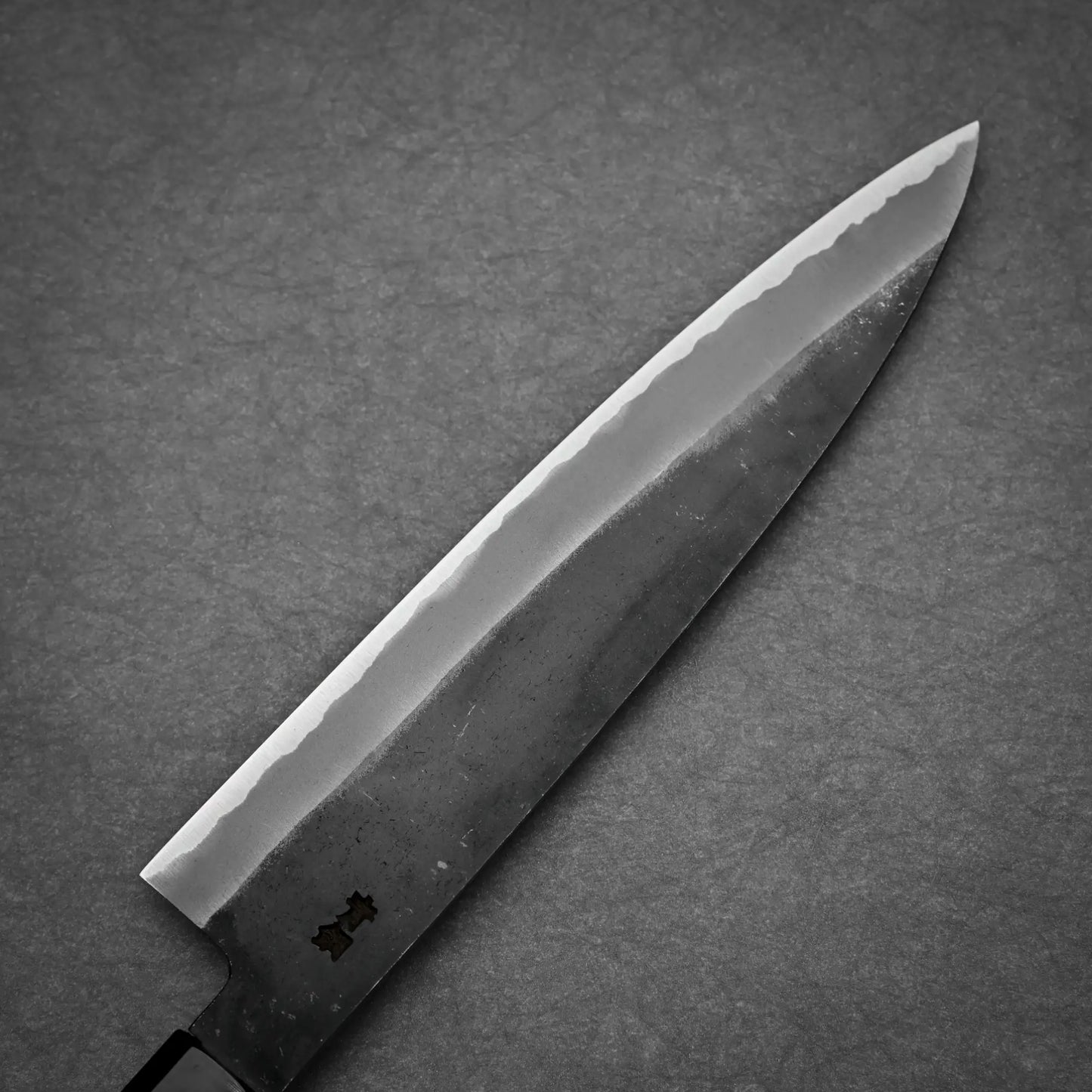 Hatsukokoro Aosagi kurouchi aogami#2 gyuto knife 210mm  left side view showing kurouchi finish and kanji