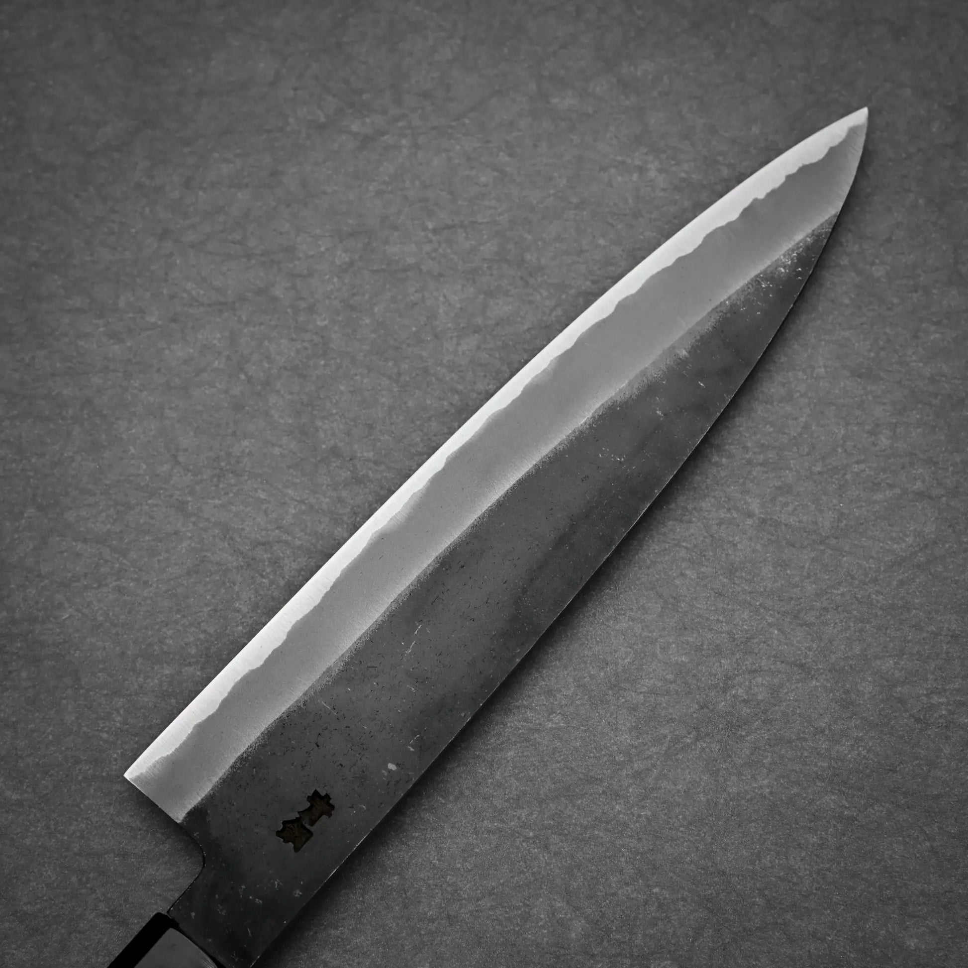 Hatsukokoro Aosagi kurouchi aogami#2 gyuto knife 210mm  left side view showing kurouchi finish and kanji