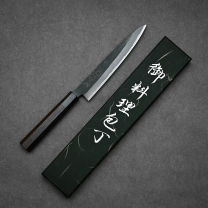 150mm Hatsukokoro Aosagi kurouchi aogami#2 petty knife showing full blade length with its box 