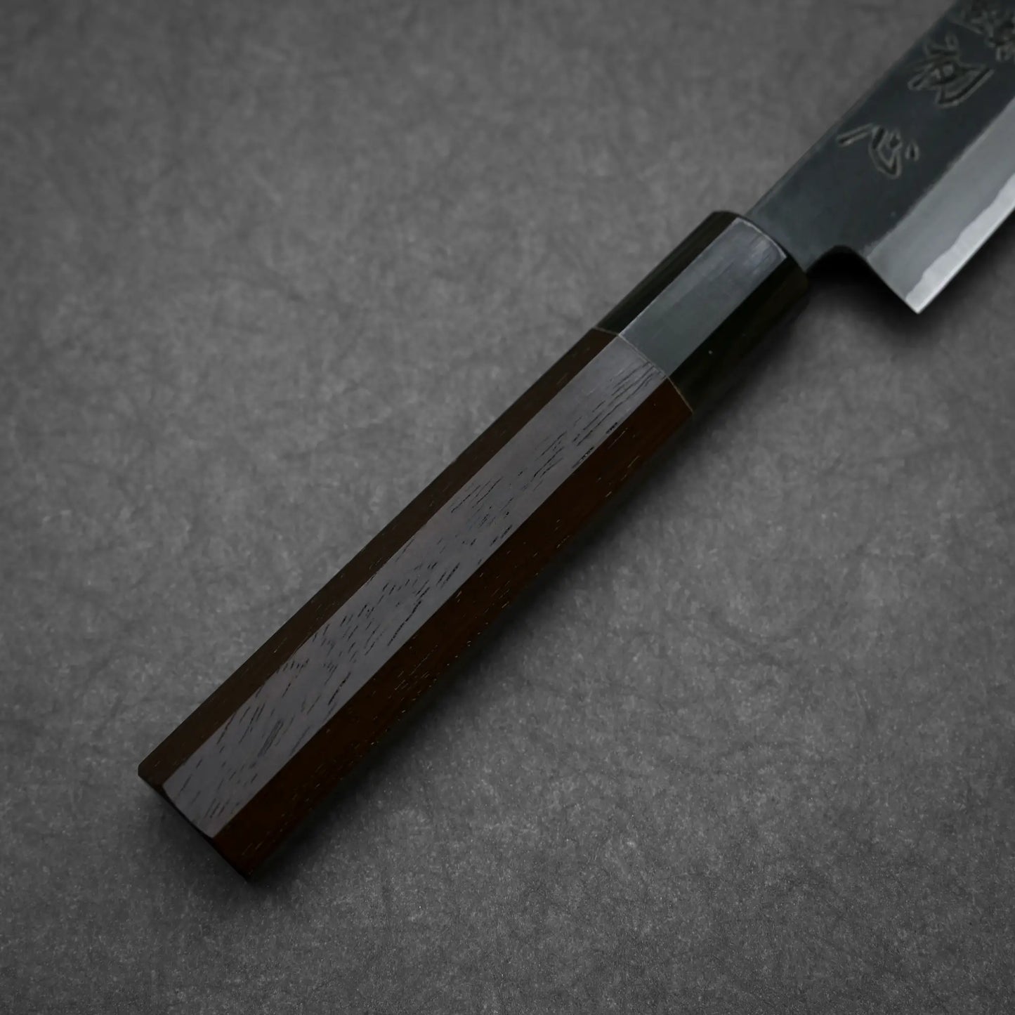 150mm Hatsukokoro Aosagi kurouchi aogami#2 petty knife showing octagonal walnut handle