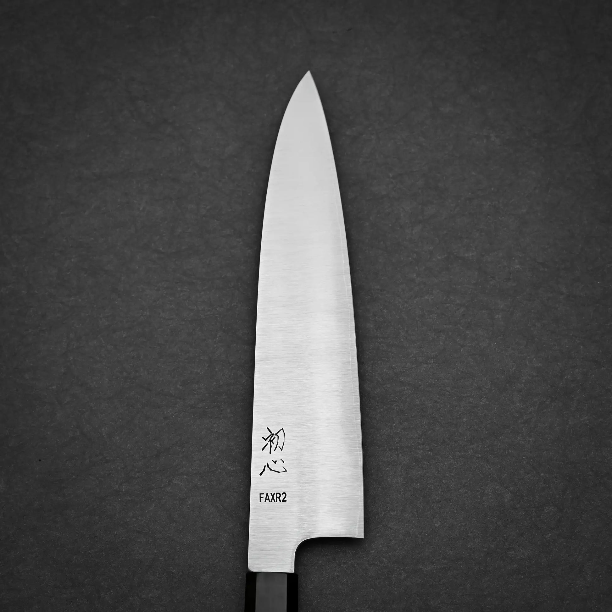 210mm Hatsukokoro FAXR2 gyuto knife right side view showing polished surface and maker's mark