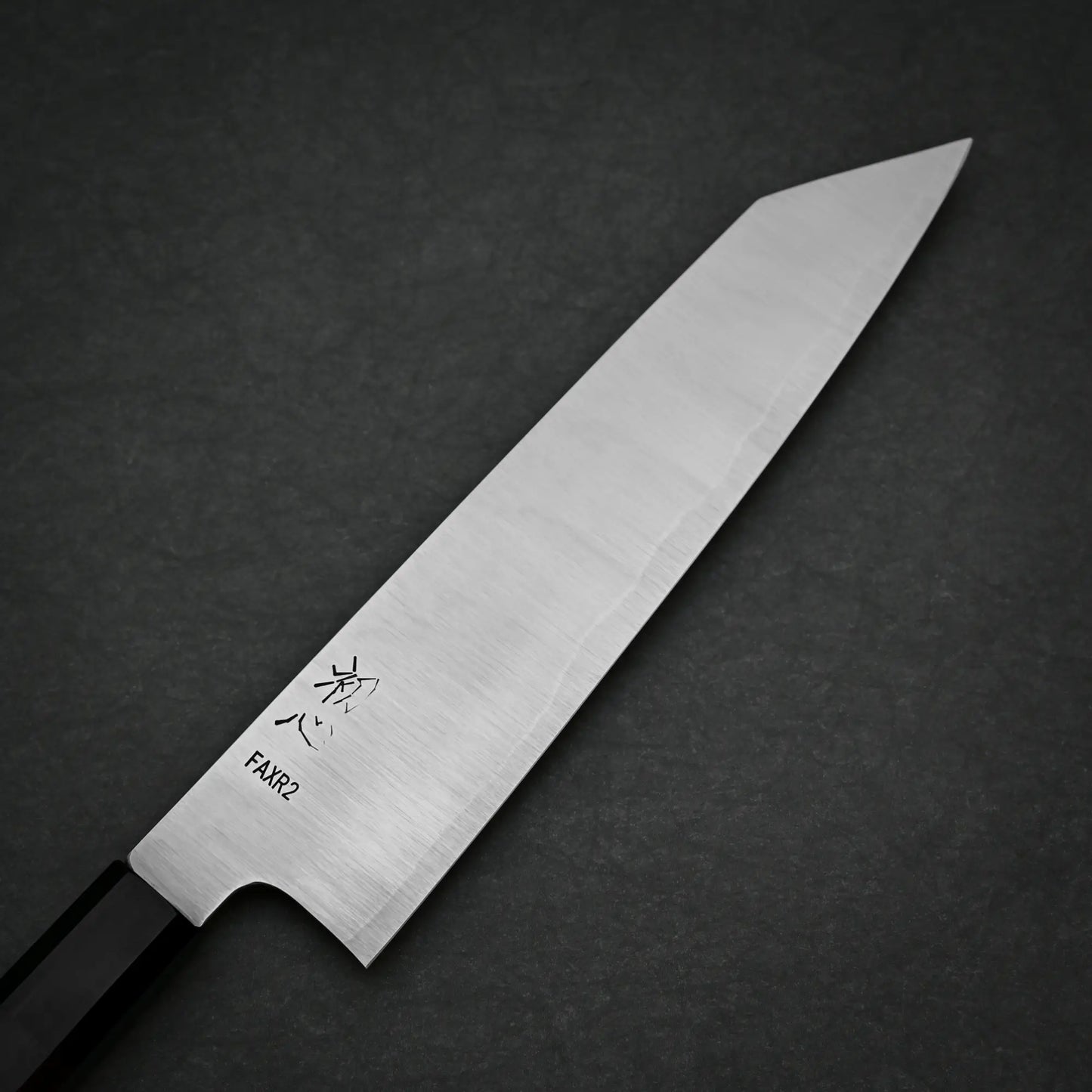 210mm Hatsukokoro FAXR2 kirituske gyuto knife right side view showing maker's mark and migaki finish