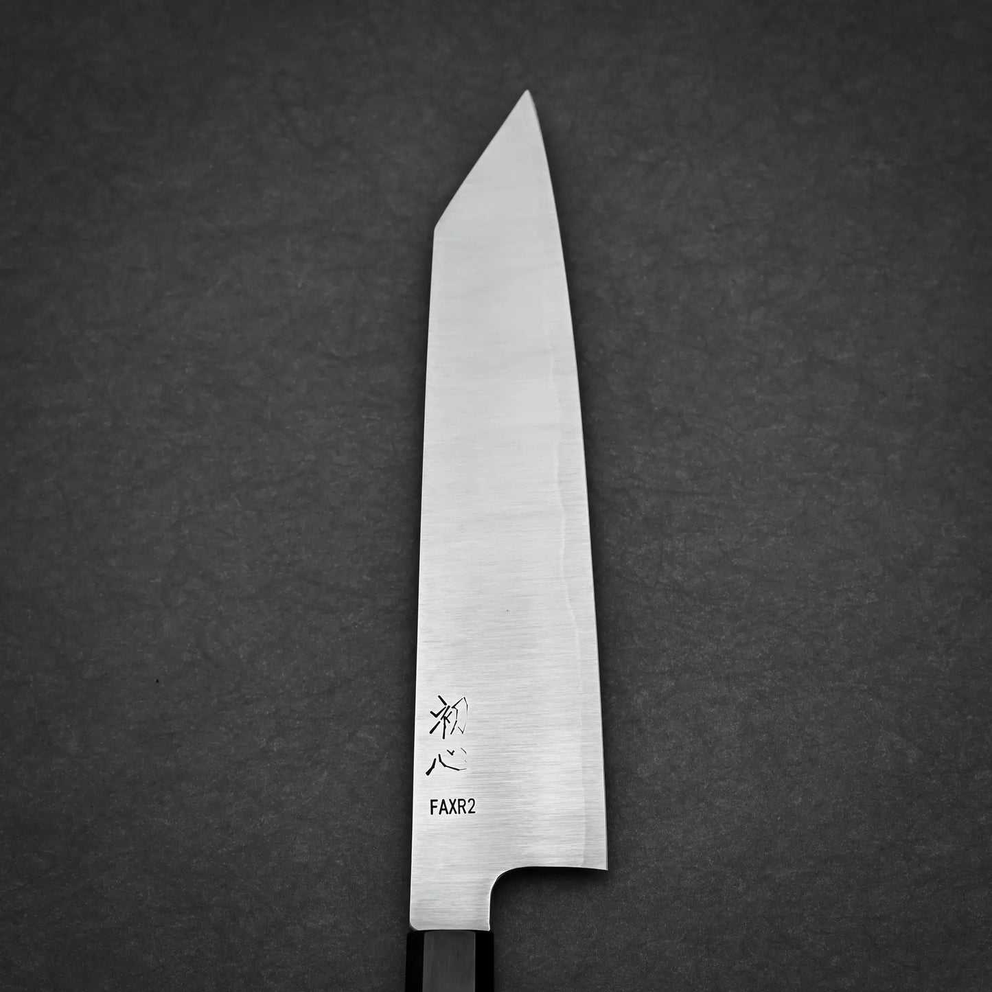 210mm Hatsukokoro FAXR2 kirituske gyuto knife right side view showing migaki finish and maker's mark