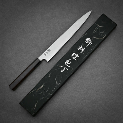 270mm Hatsukokoro FAXR2 sujihiki knife showing full profile view with original box