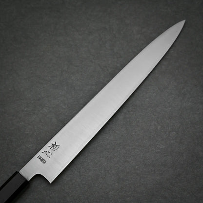 270mm Hatsukokoro FAXR2 sujihiki knife right side view showing polished finish