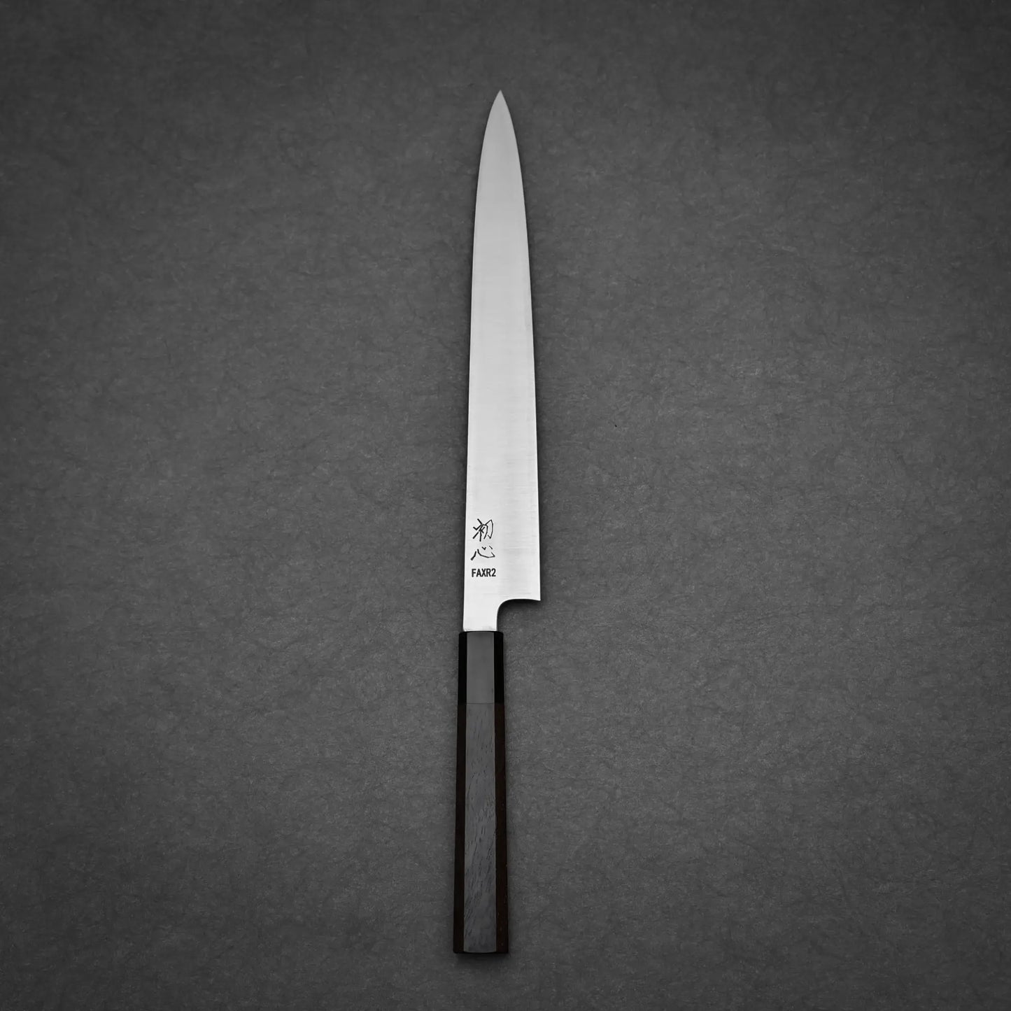 270mm Hatsukokoro FAXR2 sujihiki knife showing full profile with walnut handle