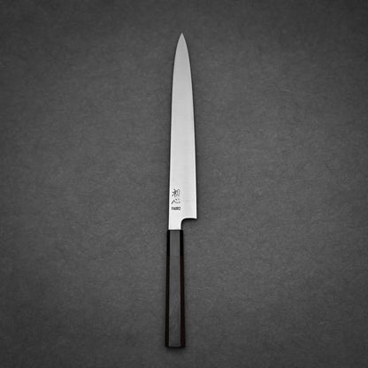 270mm Hatsukokoro FAXR2 sujihiki knife showing full profile with walnut handle