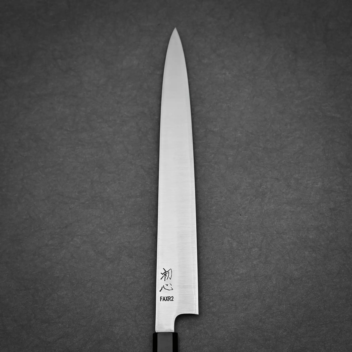 270mm Hatsukokoro FAXR2 sujihiki knife right side view showing migaki finish