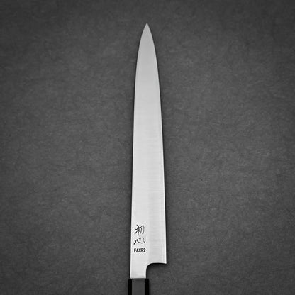 270mm Hatsukokoro FAXR2 sujihiki knife right side view showing migaki finish