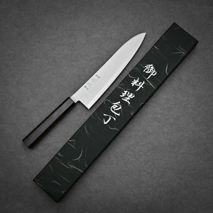 210mm Hatsukokoro Hayabusa SG2 gyuto knife showing full profile view and original box