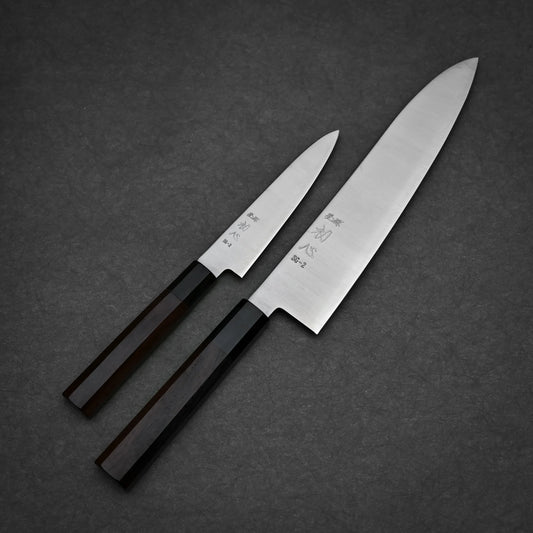 Hatsukokoro Hayabusa SG2 gyuto and petty knife set showing complete blade profile