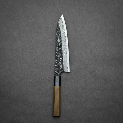 Nigara knife SLD kurouchi damascus 210mm gyuto exhibiting full blade length