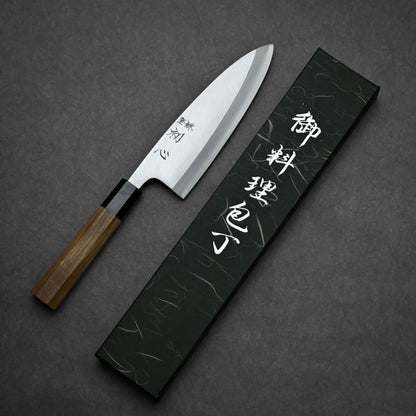 180mm Hatsukokoro Shirasagi ginsan deba knife showing blade from tip to handle with original box