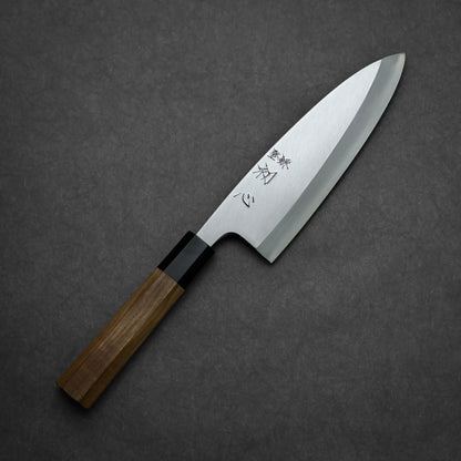 180mm Hatsukokoro Shirasagi ginsan deba knife showing complete blade profile