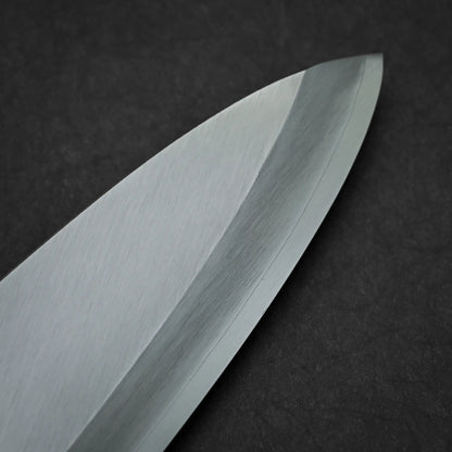 Close-up shot of 180mm Hatsukokoro Shirasagi ginsan deba knife showing tip area