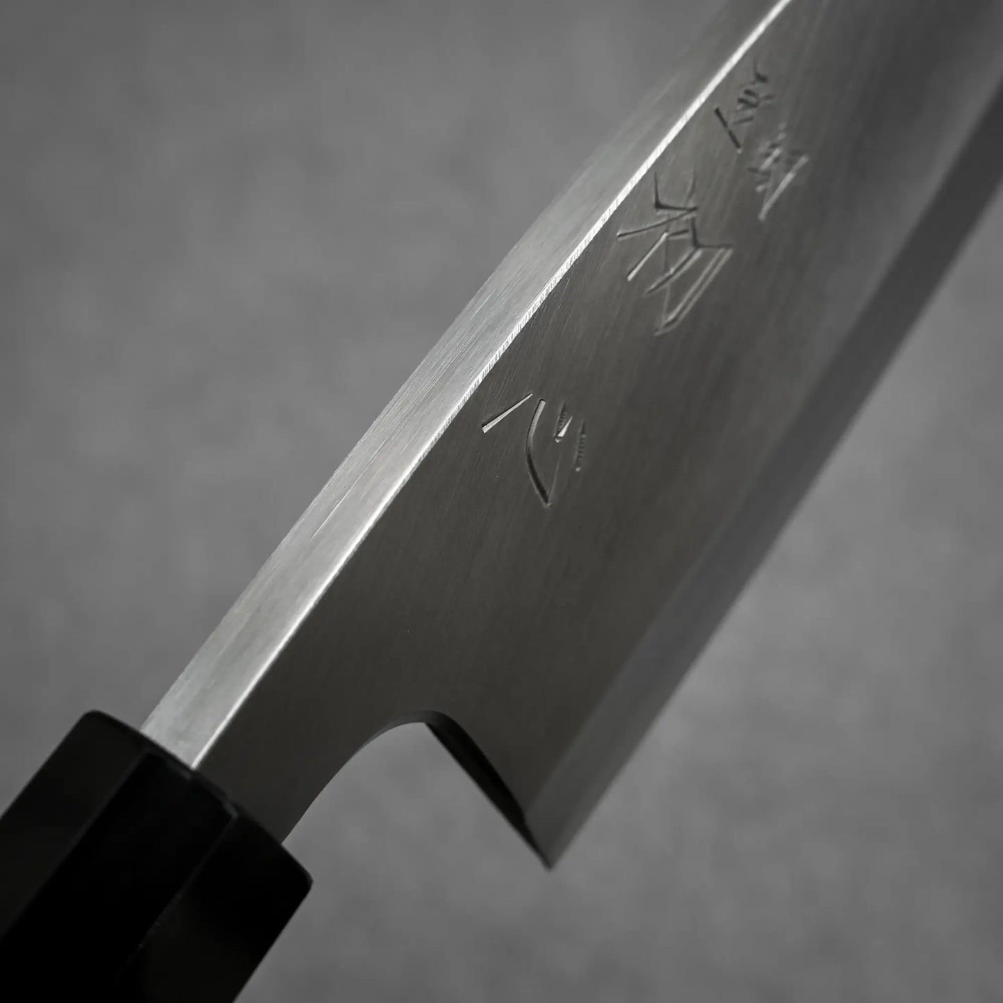 Close-up shot of the spine of 180mm Hatsukokoro Shirasagi ginsan deba knife