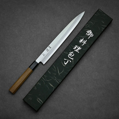 270mm Hatsukokoro Shirasagi ginsan yanagiba knife showing entire blade length with its original box