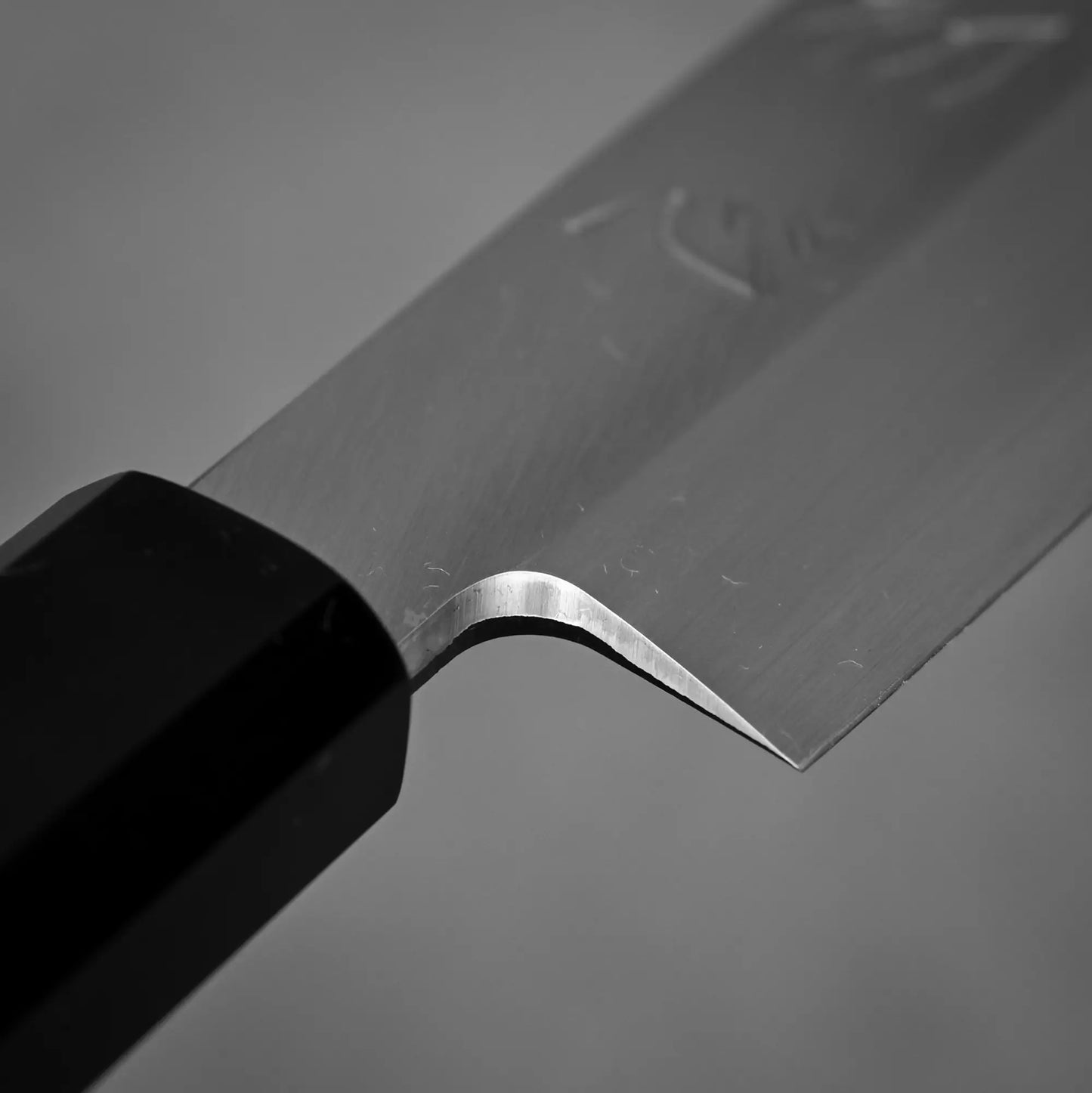 Close-up shot of the choil of 270mm Hatsukokoro Shirasagi ginsan yanagiba knife