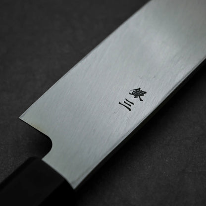 Close-up shot of 270mm Hatsukokoro Shirasagi ginsan yanagiba knife showing kanji on the back side