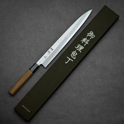 300mm Hatsukokoro Shirasagi ginsan yanagiba knife exhibiting full blade contour with original box