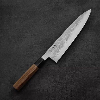 Top down view of Hatsukokoro Komorebi damascus aogami#1 gyuto knife