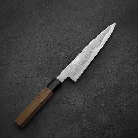 Top down view of Hatsukokoro Komorebi damascus aogami#1 petty knife