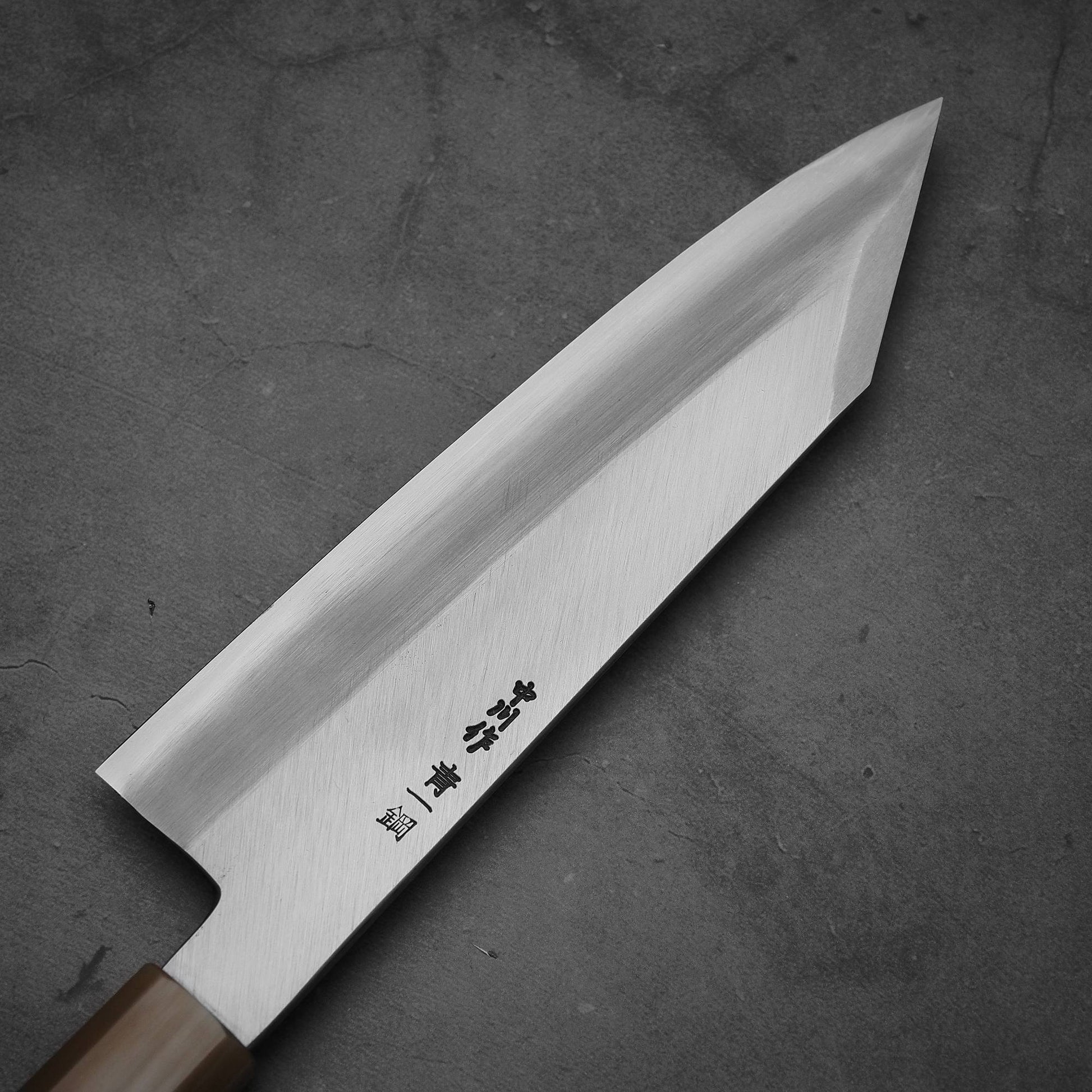 Close up view of Nakagawa bunka with aogami#1 steel. This Japanese knife is sharpened by Morihiro hamono. 