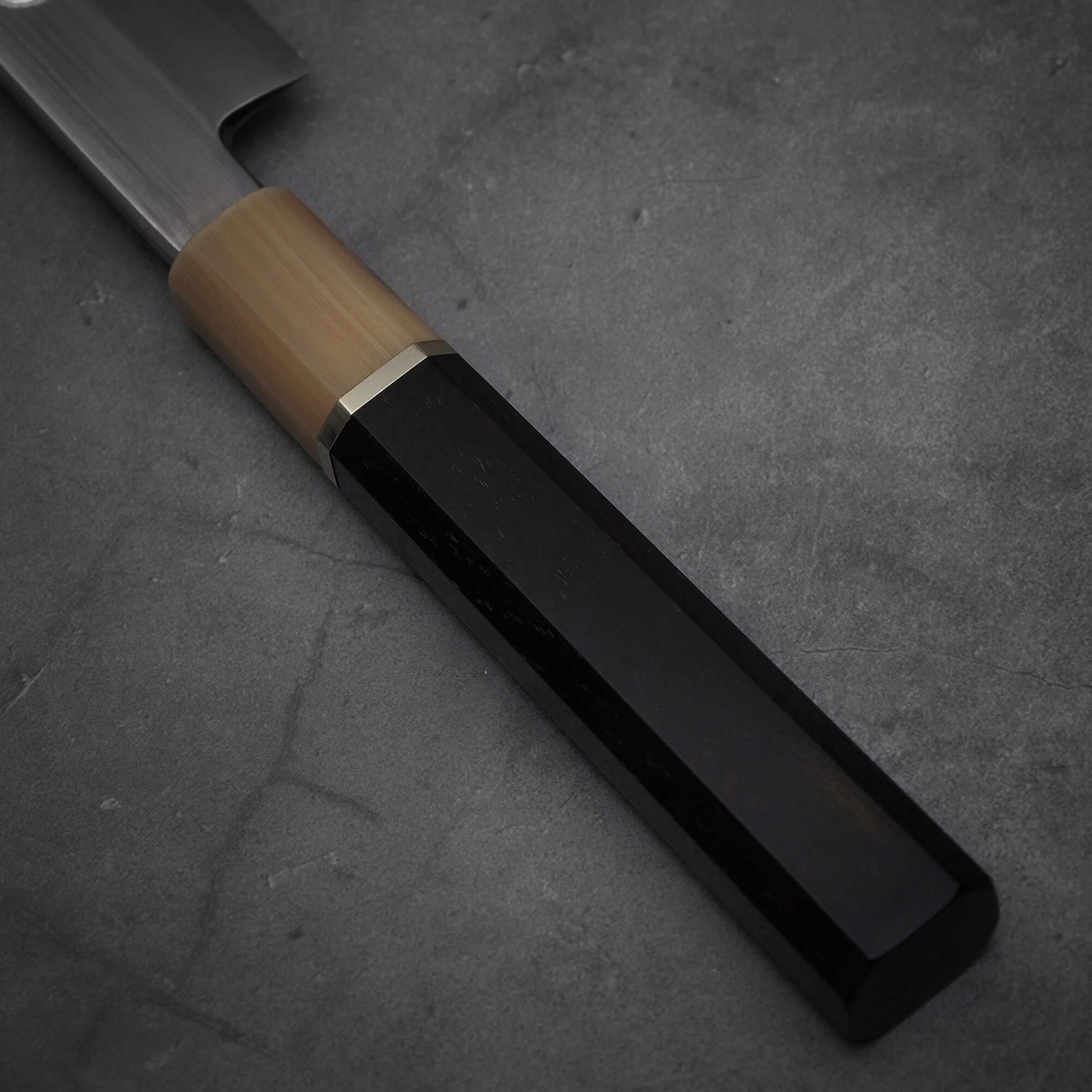 Close up view of the handle of Nakagawa yanagiba with aogami#1 steel. This sushi knife is sharpened by Morihiro hamono. 