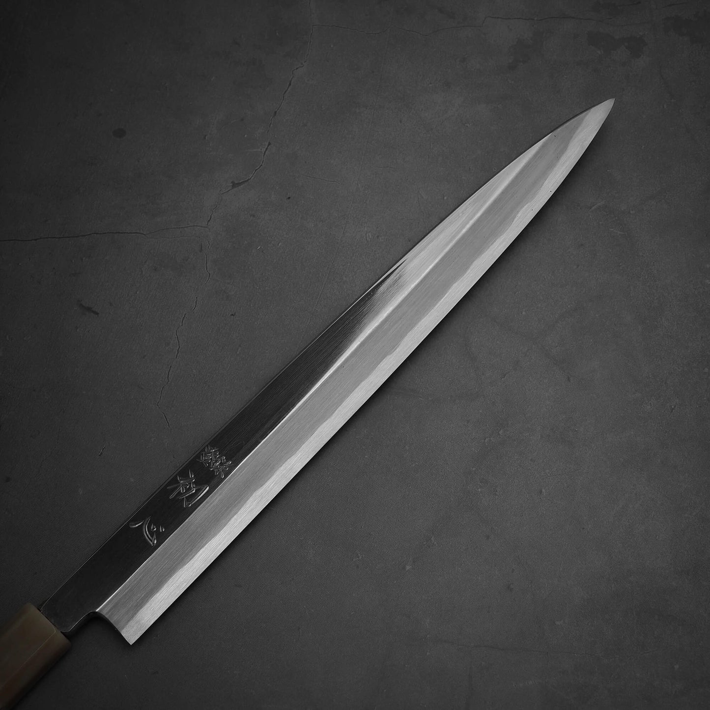 Close up view of Nakagawa 300mm yanagiba with aogami#1 steel. This sushi knife is sharpened by Morihiro hamono. 