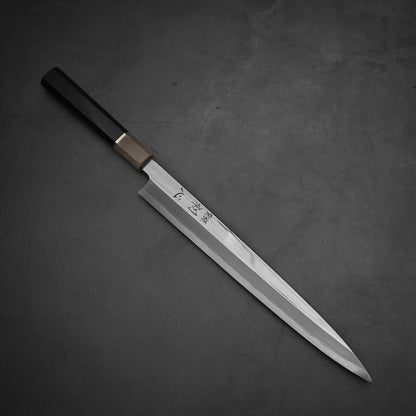 Top down view of Nakagawa 300mm yanagiba with aogami#1 steel. This sushi knife is sharpened by Morihiro hamono. 