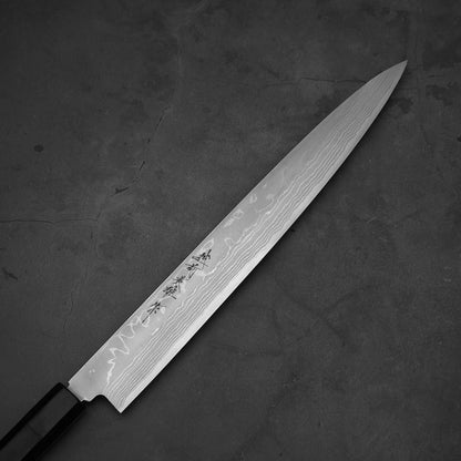 View of the blade only on a Hideo Kitaoka damascus shirogami#2 yanagiba 270mm