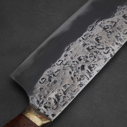 Close up view of the left side of the blade of 220mm Kisuke Manaka tsuchime honwarikomi shirogami#2 gyuto knife