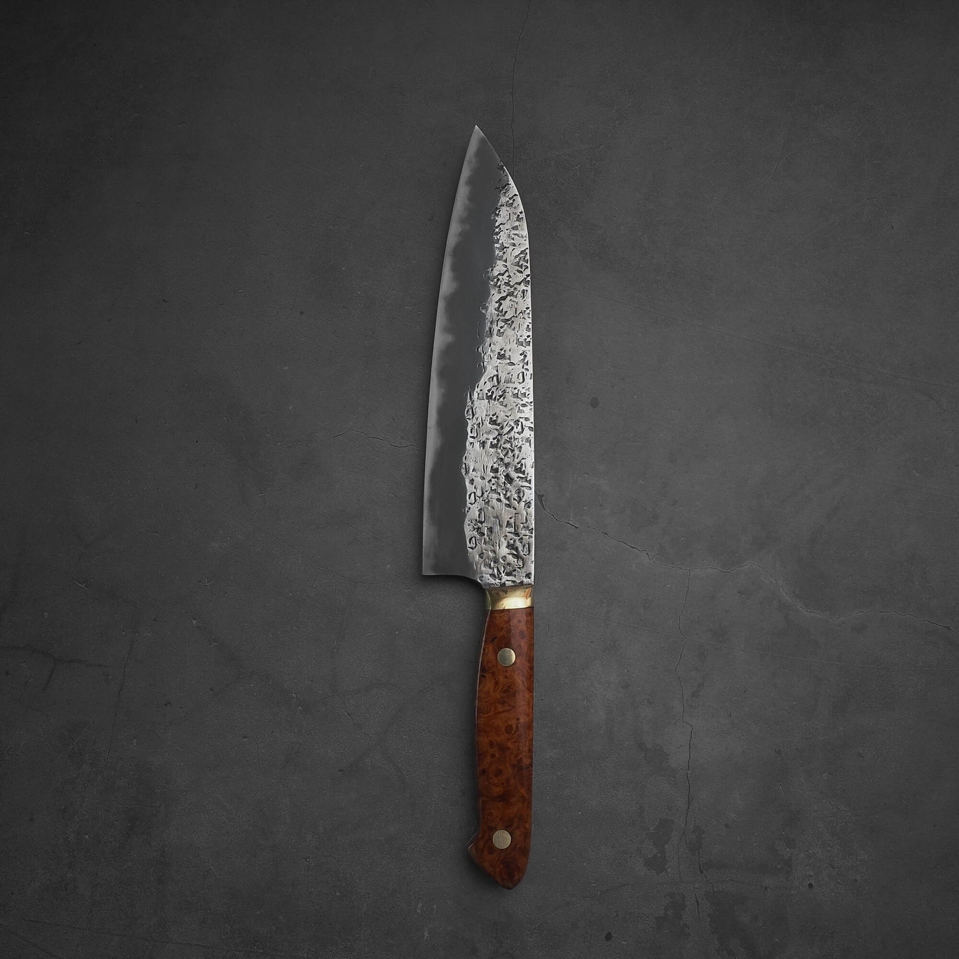 Top view of 220mm Kisuke Manaka tsuchime honwarikomi shirogami#2 gyuto knife showing the other side of the knife