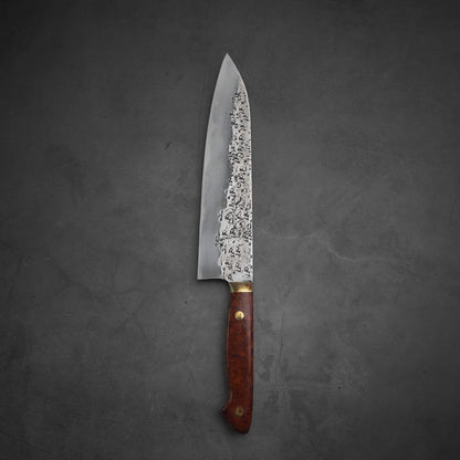 Top view of 240mm Kisuke Manaka tsuchime honwarikomi shirogami#2 gyuto knife showing the left side of the knife