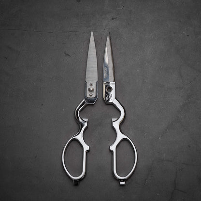 Top down view of the detached form of Mimatsu 200mm kitchen shears: Japan-made all-stainless, durable shears for a variety of kitchen tasks. 