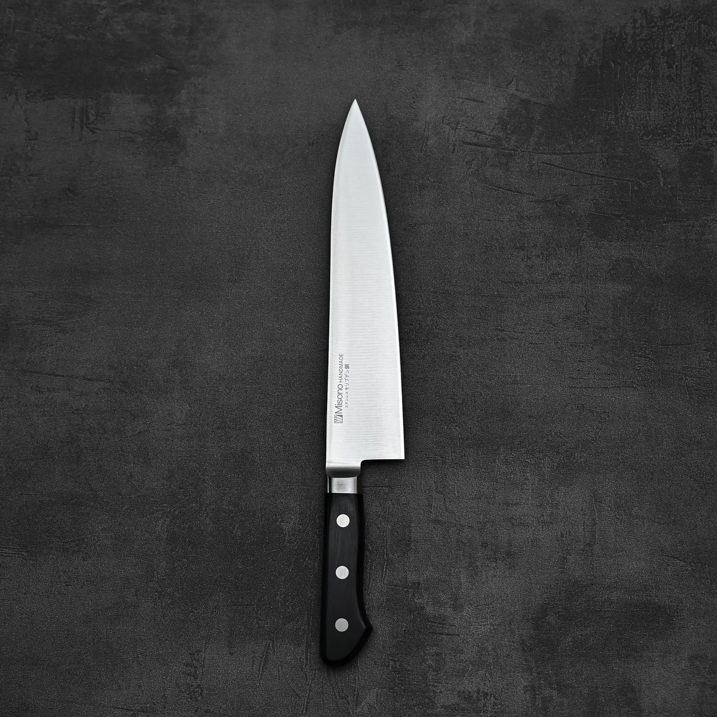 Top down view of Misono molybdenum steel series gyuto knife 240mm in vertical position