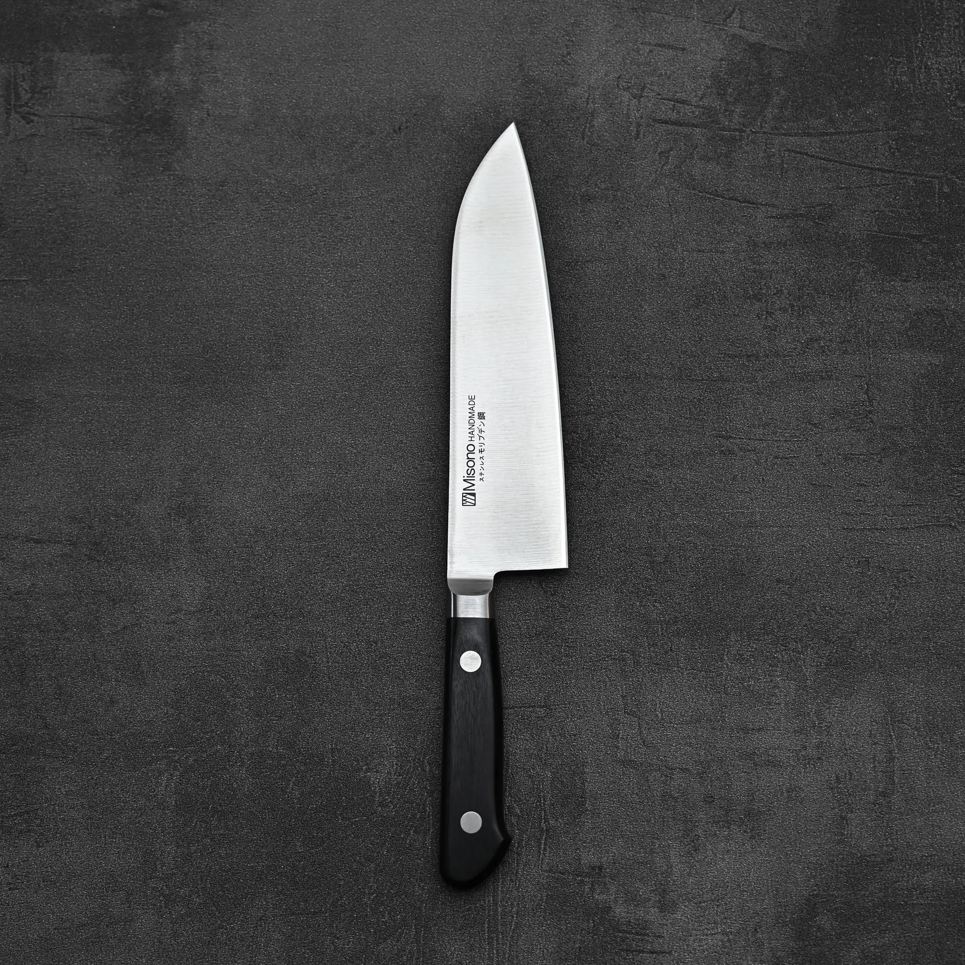 Top down view of Misono Molybdenum santoku knife 180mm in vertical position