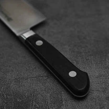 Close up view of the handle of Misono Molybdenum santoku knife 180mm