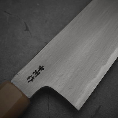 Close up view of the kanji of Nakagawa aogami#2 gyuto knife