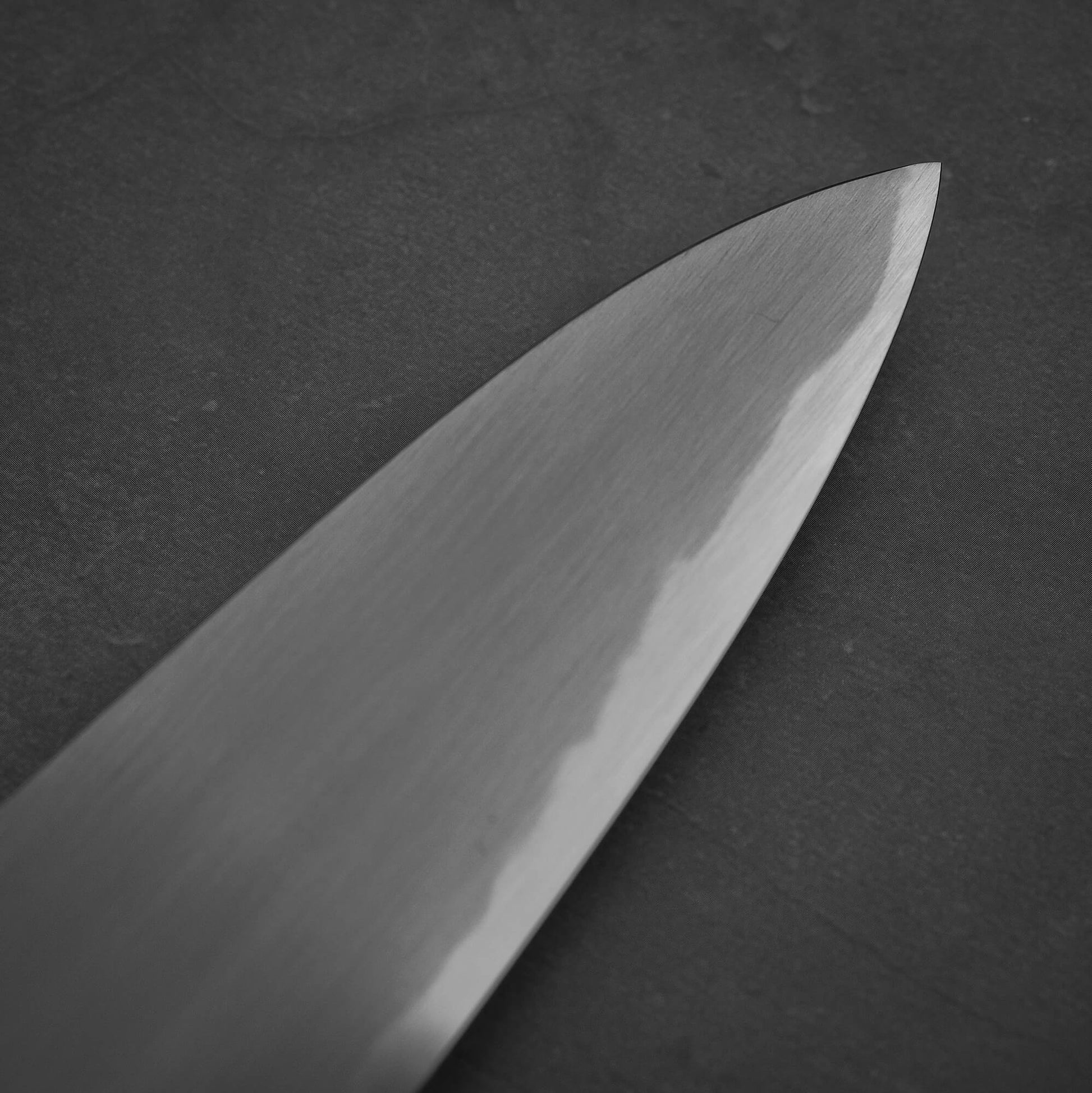 Close up view of the tip area of Nakagawa aogami#2 gyuto knife. Image shows right side of the blade.