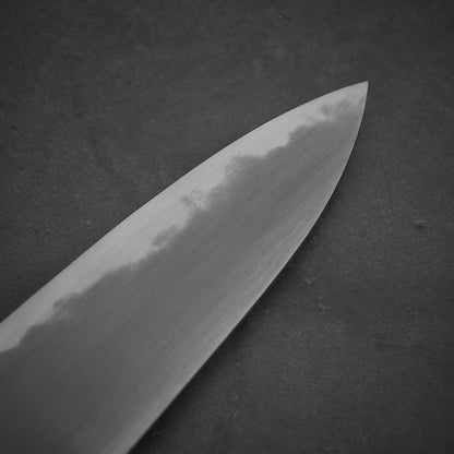 Close up view of the Nakagawa aogami#2 gyuto knife. Image shows the left side of the blade.