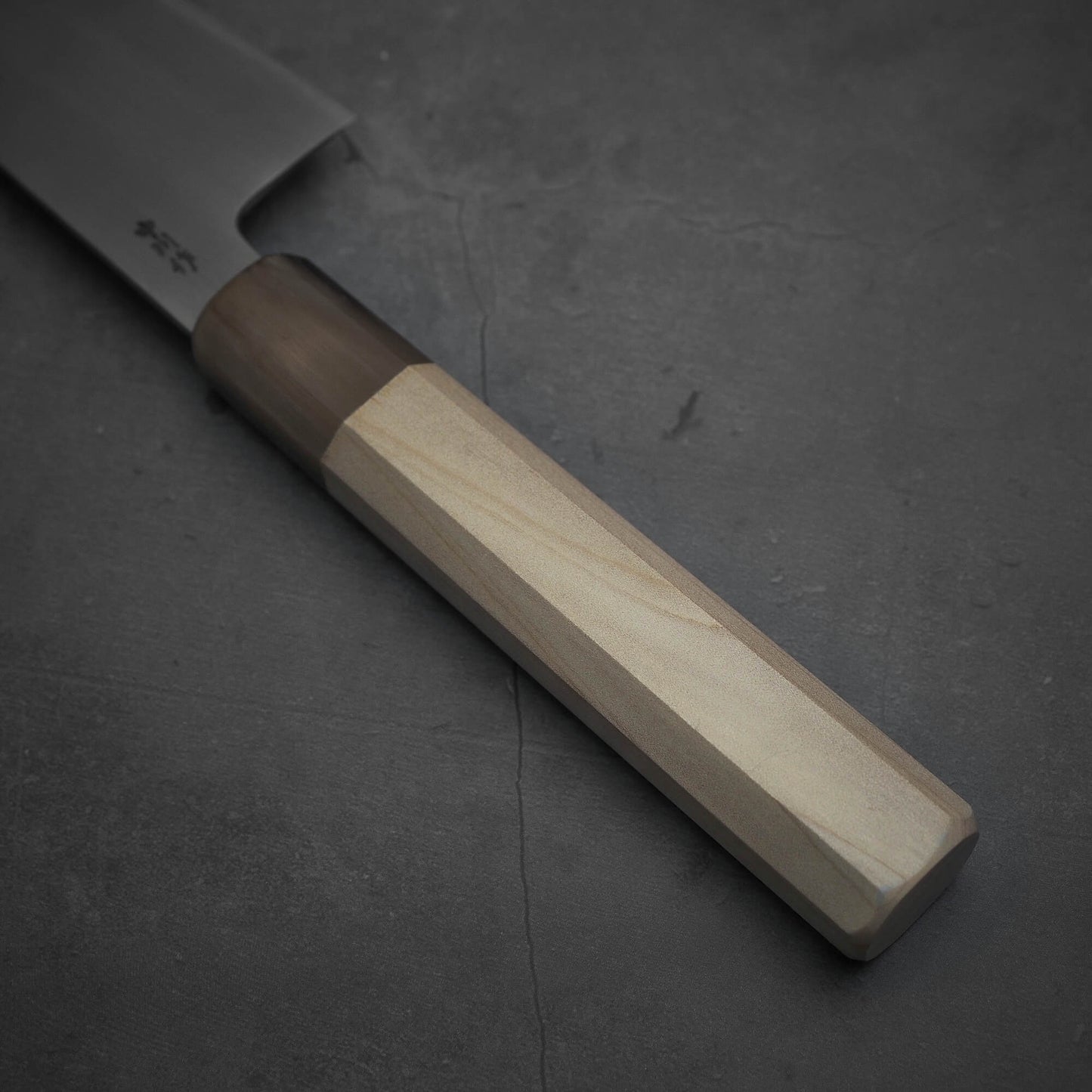 Close up view of the handle of Nakagawa aogami#2 gyuto