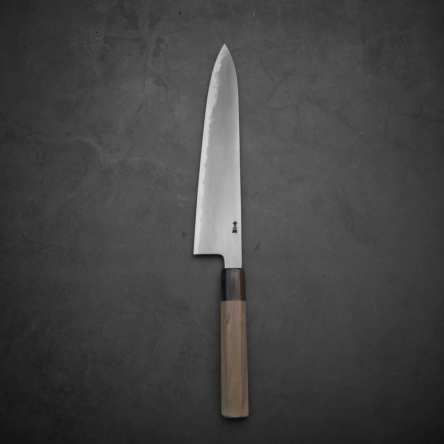 Top view of Nakagawa aogami#2 gyuto in vertical position. Image shows the left side of the knife