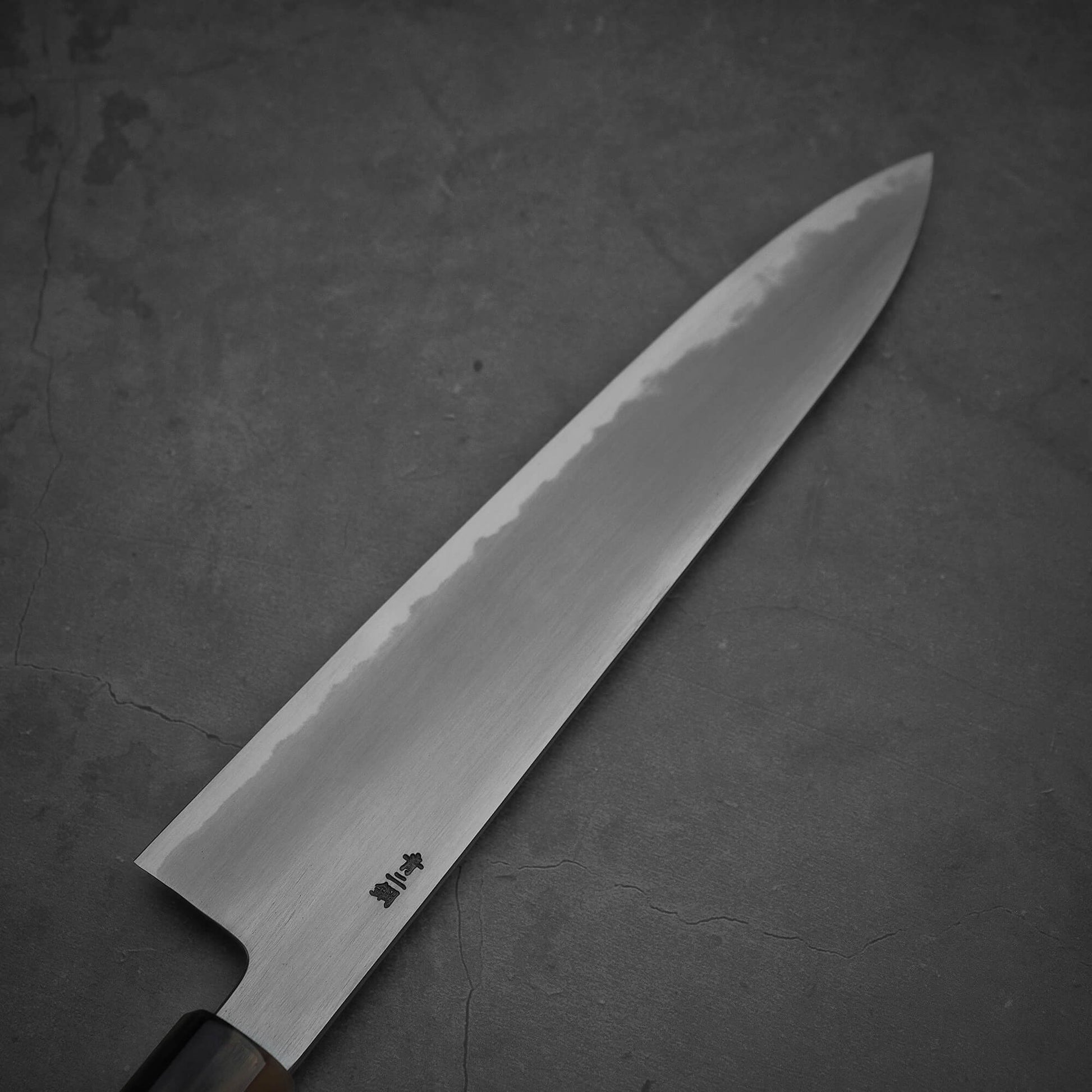 Top view of the blade of Nakagawa aogami#2 gyuto. Image shows the left side.