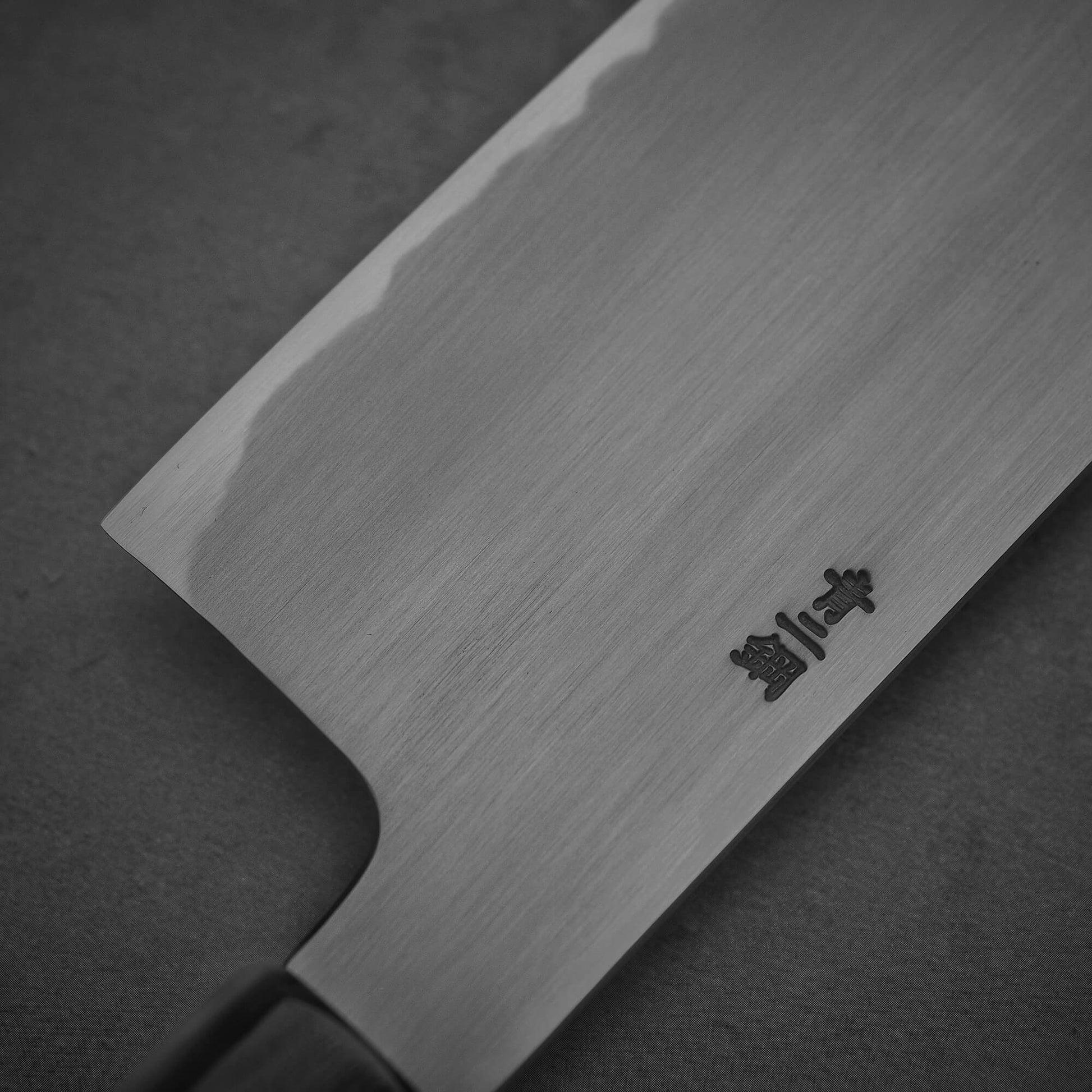 Close up view of the back side of Nakagawa aogami#2 nakiri knife 