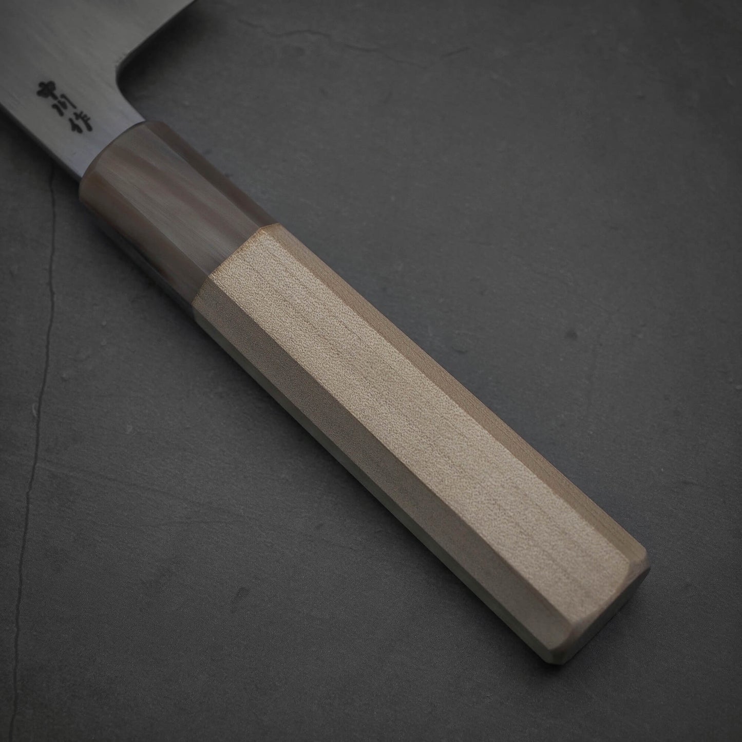 Close up view of the handle of Nakagawa aogami#2 nakiri knife 